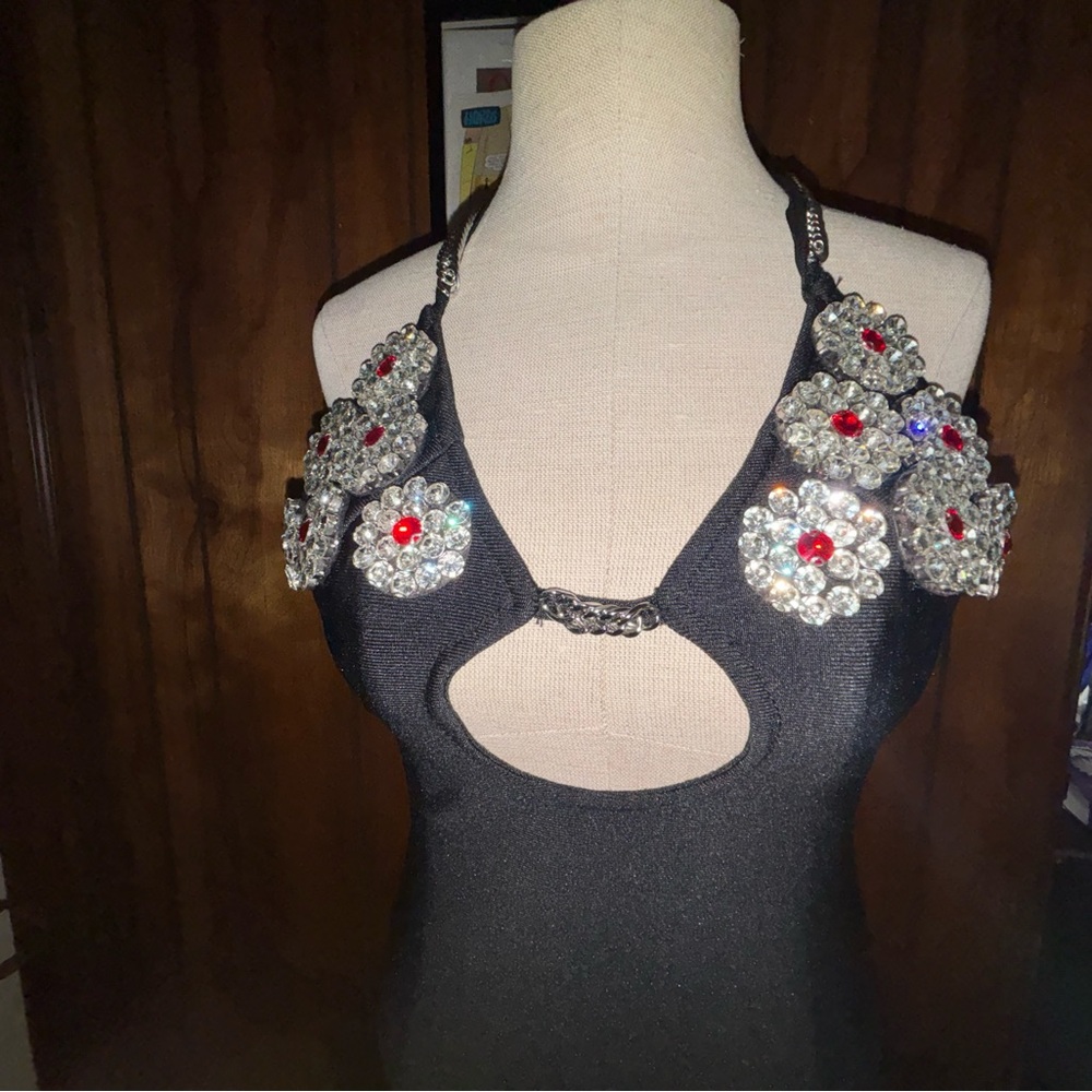 Sexy Black Dress with Silver and Red gems.